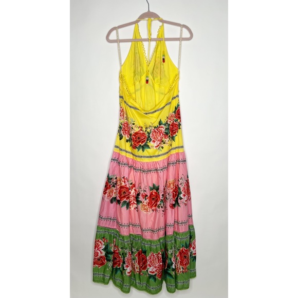 COPY - Farm Rio Manuela Floral Pastel Dress Yellow Pink Green Halter Maxi New S… - Picture 8 of 12